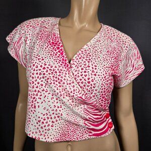 Vintage 80s New Wave Animal Print Crop Top Size M Pink White Jersey Faux Wrap